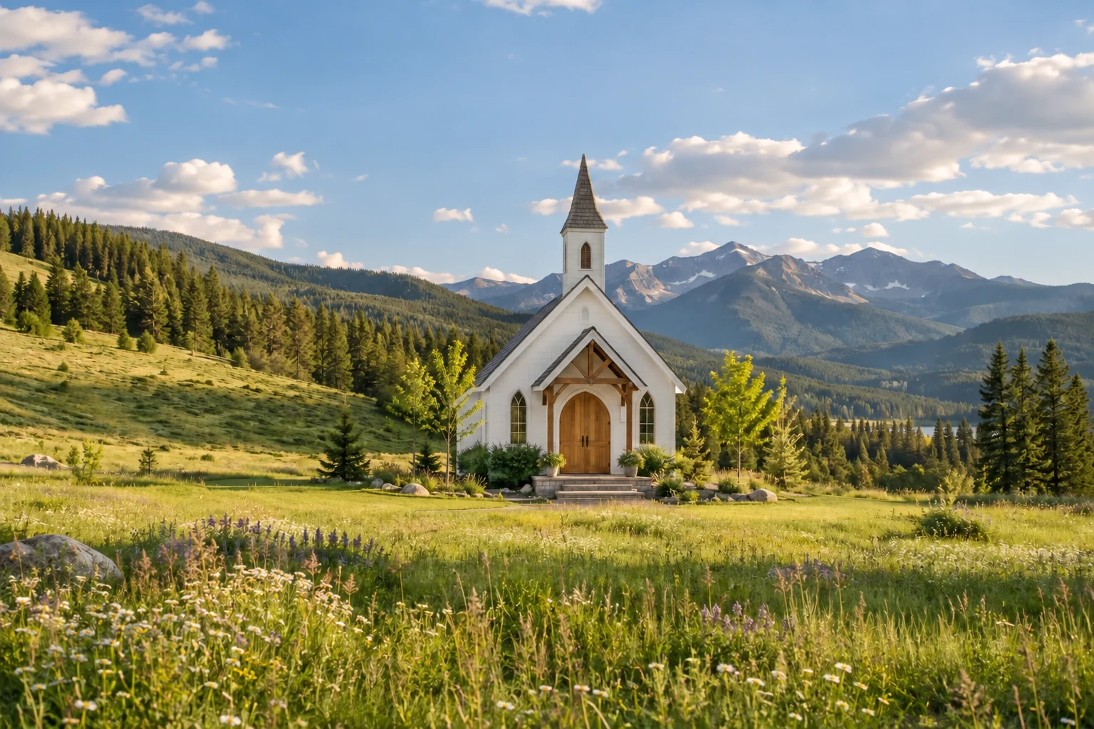A sunlit white chapel among green hills and wildflowers